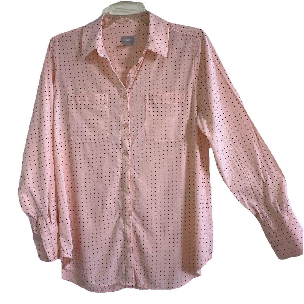 CHICO'S sz S / 0 Modal Neutral Peach Pink Dot Long Sleeve Detailed Blouse Top